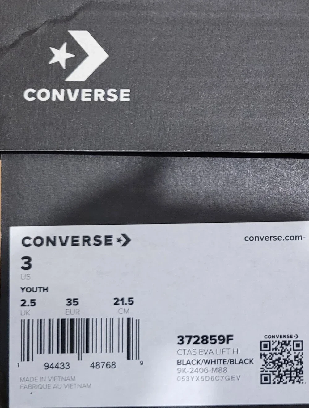 Converse Chuck Taylor High Top Youth Size 3 Black